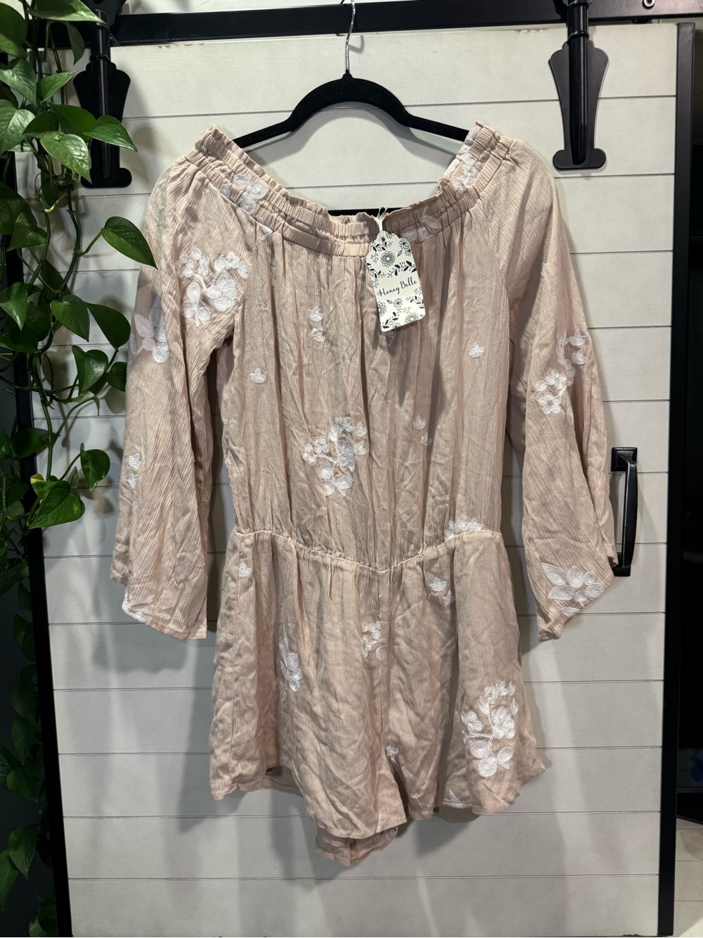 Honey Belle Beige Embroidered Off-Shoulder Romper